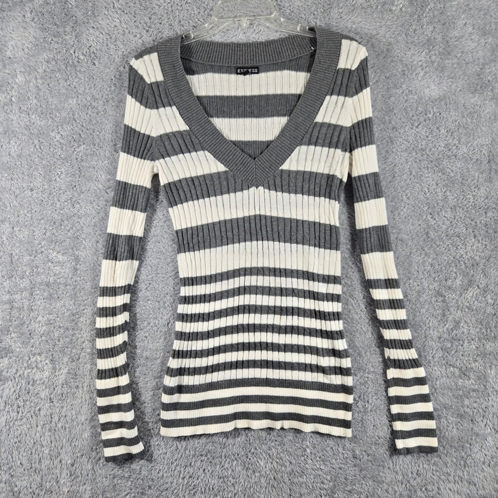 Express Womens Grey White Striped V-Neck Ribbed Knit L/S Sweater Size M Y2K